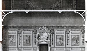 Osa Wiltonin suuresta ruokasalista, Inigo Jonesin suunnittelun mukaan, H. Hulsberghin kaiverrus, julkaistu julkaisussa "Vitruvius Britannicus", 1717